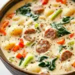 One pot creamy italian sausage soup - the image is a close-up of a bowl of soup. the soup appears to be a creamy white color with chunks of sausage and spinach scattered throughout. the bowl is made of dark brown ceramic and is sitting on a white countertop. there are also small pieces of red and orange bell peppers and green onions scattered throughout the soup. on top of the soup, there is a sprinkle of black pepper. the overall appearance is fresh and appetizing.
