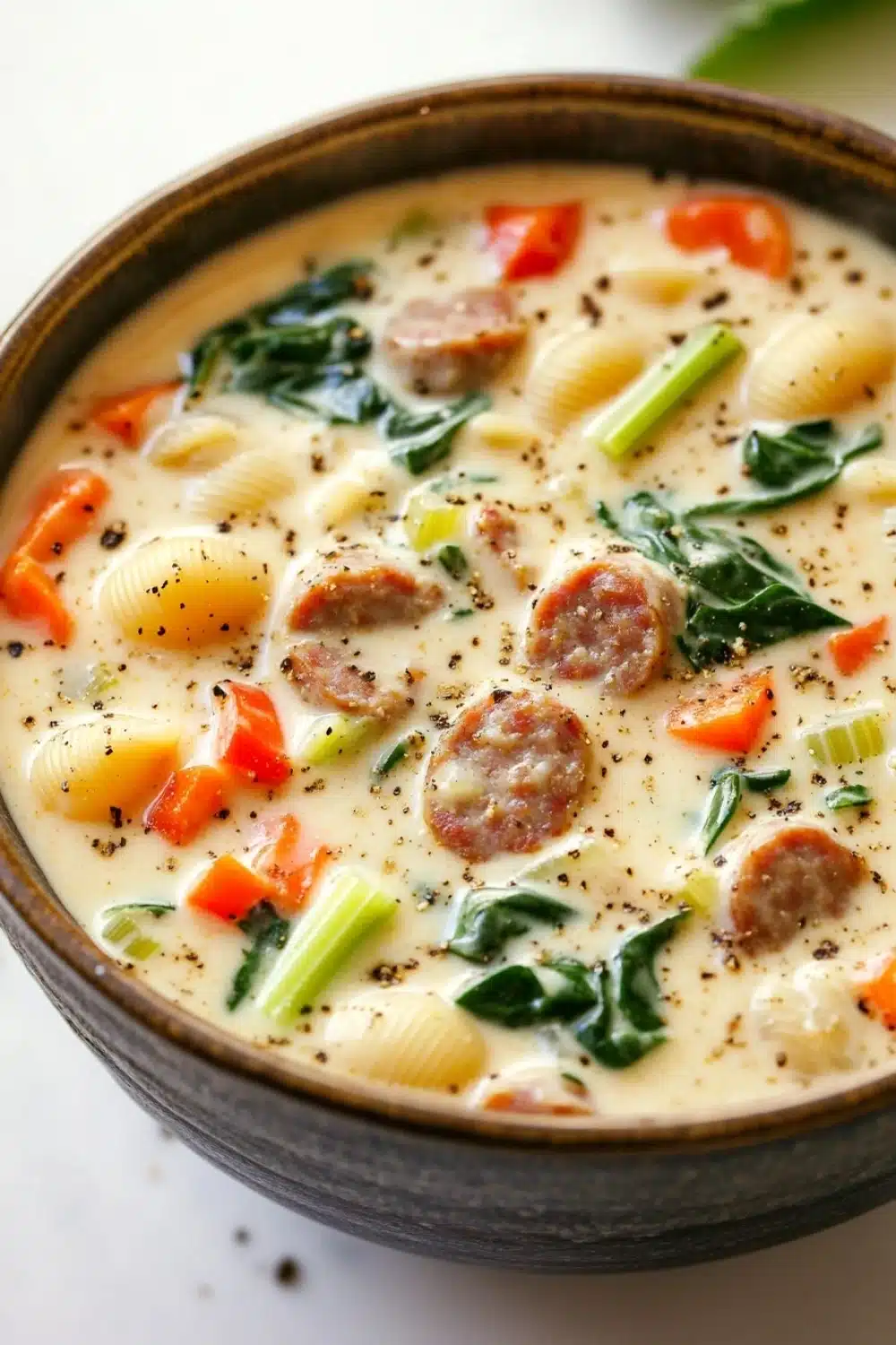 One pot creamy italian sausage soup - the image is a close-up of a bowl of soup. the soup appears to be a creamy white color with chunks of sausage and spinach scattered throughout. the bowl is made of dark brown ceramic and is sitting on a white countertop. there are also small pieces of red and orange bell peppers and green onions scattered throughout the soup. on top of the soup, there is a sprinkle of black pepper. the overall appearance is fresh and appetizing.