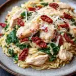 One pot creamy sun dried tomato chicken and orzo - the image is a close-up of a plate of pasta dish. the dish appears to be a type of fusilli pasta, with chunks of chicken and spinach mixed in. the chicken is cooked to a golden brown color and is garnished with sliced red sunflower seeds and grated parmesan cheese. the spinach is a vibrant green color and looks fresh and wilted. the plate is round and has a light brown rim. the background is a dark grey color, making the dish stand out.
