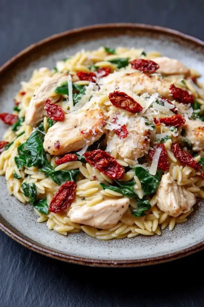 One pot creamy sun dried tomato chicken and orzo - the image is a close-up of a plate of pasta dish. the dish appears to be a type of fusilli pasta, with chunks of chicken and spinach mixed in. the chicken is cooked to a golden brown color and is garnished with sliced red sunflower seeds and grated parmesan cheese. the spinach is a vibrant green color and looks fresh and wilted. the plate is round and has a light brown rim. the background is a dark grey color, making the dish stand out.