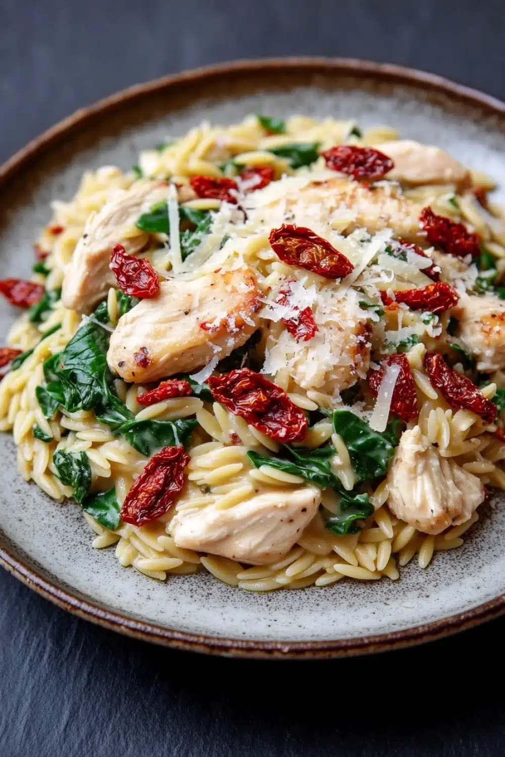 One pot creamy sun dried tomato chicken and orzo - the image is a close-up of a plate of pasta dish. the dish appears to be a type of fusilli pasta, with chunks of chicken and spinach mixed in. the chicken is cooked to a golden brown color and is garnished with sliced red sunflower seeds and grated parmesan cheese. the spinach is a vibrant green color and looks fresh and wilted. the plate is round and has a light brown rim. the background is a dark grey color, making the dish stand out.