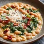 One pot creamy tuscan bean and sundried tomato skillet - the image is a close-up of a dish in a gray bowl. the dish appears to be a creamy white bean soup with chunks of white beans and spinach scattered throughout. the beans are cooked until they are soft and fluffy, and the spinach is a vibrant green color. on top of the beans, there are small chunks of red sun-dried tomatoes and grated cheese. the bowl is sitting on a dark grey countertop.