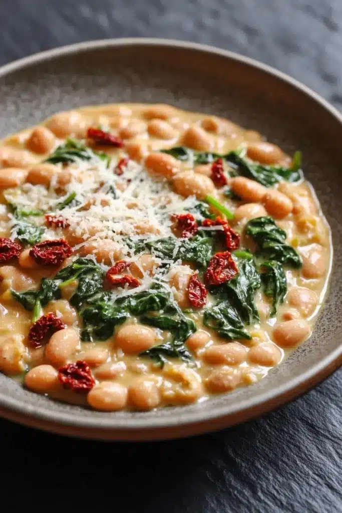 One pot creamy tuscan bean and sundried tomato skillet - the image is a close-up of a dish in a gray bowl. the dish appears to be a creamy white bean soup with chunks of white beans and spinach scattered throughout. the beans are cooked until they are soft and fluffy, and the spinach is a vibrant green color. on top of the beans, there are small chunks of red sun-dried tomatoes and grated cheese. the bowl is sitting on a dark grey countertop.