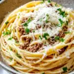 One pot garlic butter pasta with beef - the image is a close-up of a plate of spaghetti bolognese. the spaghetti is cooked al dente and is topped with a generous amount of minced meat and grated parmesan cheese. the dish is garnished with fresh parsley leaves. the plate is sitting on a wooden table with a white napkin underneath. the background is blurred, but it appears to be a kitchen countertop.