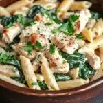 One pot garlic chicken pasta - the image is a close-up of a bowl of pasta dish. the pasta appears to be penne, and it is cooked al dente. the dish is garnished with fresh spinach leaves and grated parmesan cheese. the bowl is made of dark brown ceramic and is sitting on a wooden table. the background is blurred, so the focus is on the pasta and the dish.
