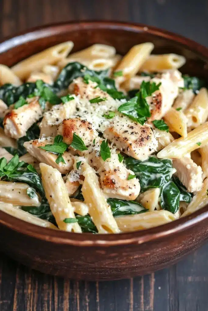 One pot garlic chicken pasta - the image is a close-up of a bowl of pasta dish. the pasta appears to be penne, and it is cooked al dente. the dish is garnished with fresh spinach leaves and grated parmesan cheese. the bowl is made of dark brown ceramic and is sitting on a wooden table. the background is blurred, so the focus is on the pasta and the dish.