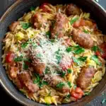 One pot italian sausage orzo pasta - the image is a close-up of a bowl of pasta dish. the pasta appears to be fusilli or penne, and it is topped with chunks of sausage, diced tomatoes, and chopped herbs. the dish is garnished with grated parmesan cheese. the bowl is made of dark brown ceramic and is sitting on a wooden table. the background is blurred, but it seems to be a rustic kitchen countertop.