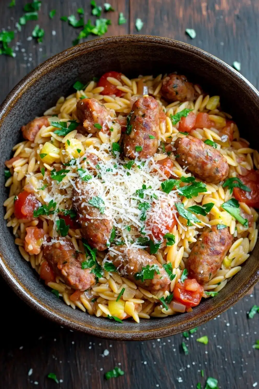 One pot italian sausage orzo pasta - the image is a close-up of a bowl of pasta dish. the pasta appears to be fusilli or penne, and it is topped with chunks of sausage, diced tomatoes, and chopped herbs. the dish is garnished with grated parmesan cheese. the bowl is made of dark brown ceramic and is sitting on a wooden table. the background is blurred, but it seems to be a rustic kitchen countertop.