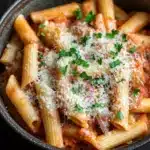 One pot pasta and dutch oven - the image shows a bowl of penne pasta with tomato sauce and parmesan cheese on top. the penne is long and slender, and the sauce is a rich red color. the dish is garnished with fresh parsley and there is a slice of bread on the side. the bowl is black and is sitting on a wooden table. the background is blurred, but it appears to be a kitchen countertop.
