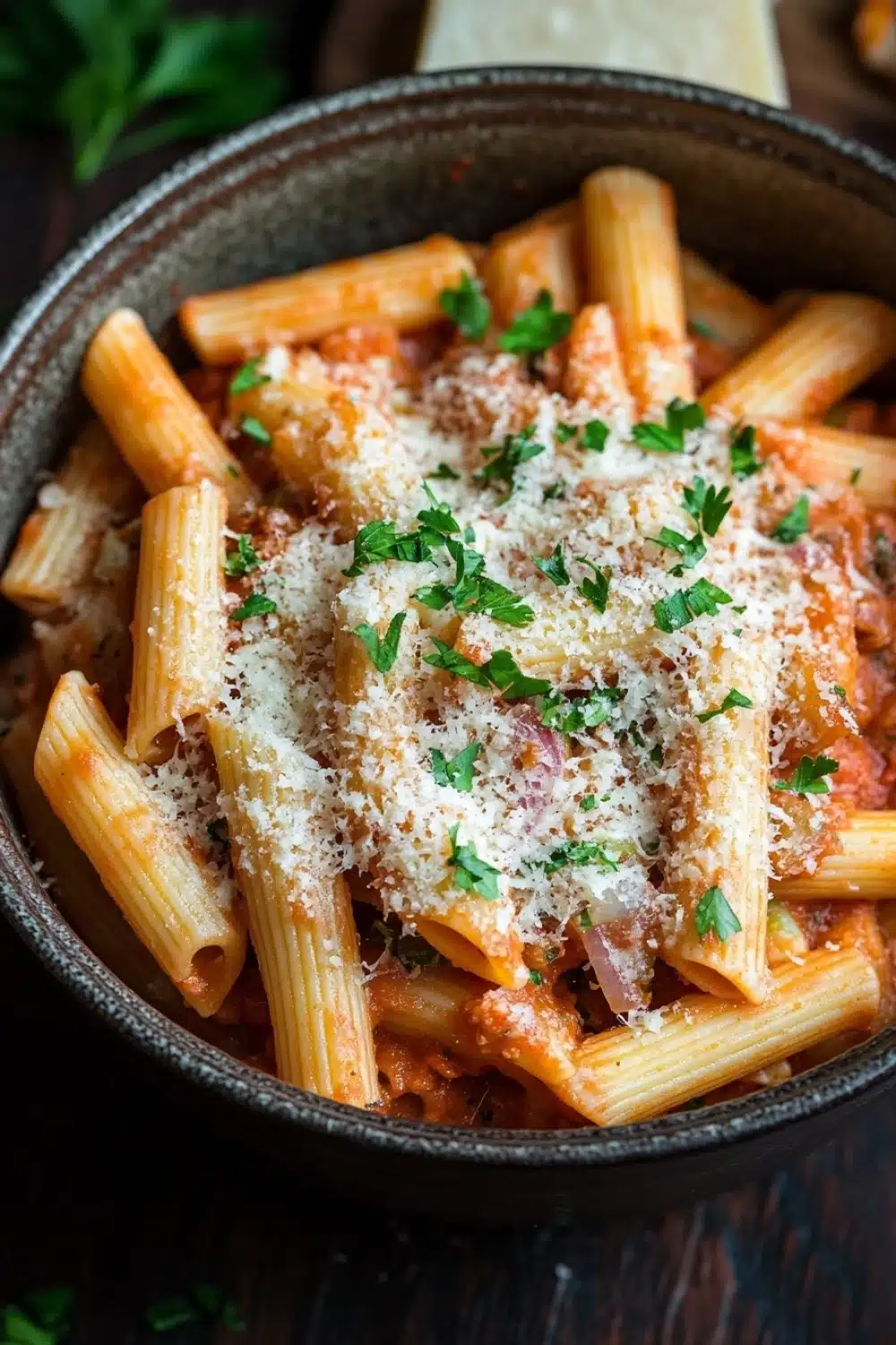 One pot pasta and dutch oven - the image shows a bowl of penne pasta with tomato sauce and parmesan cheese on top. the penne is long and slender, and the sauce is a rich red color. the dish is garnished with fresh parsley and there is a slice of bread on the side. the bowl is black and is sitting on a wooden table. the background is blurred, but it appears to be a kitchen countertop.