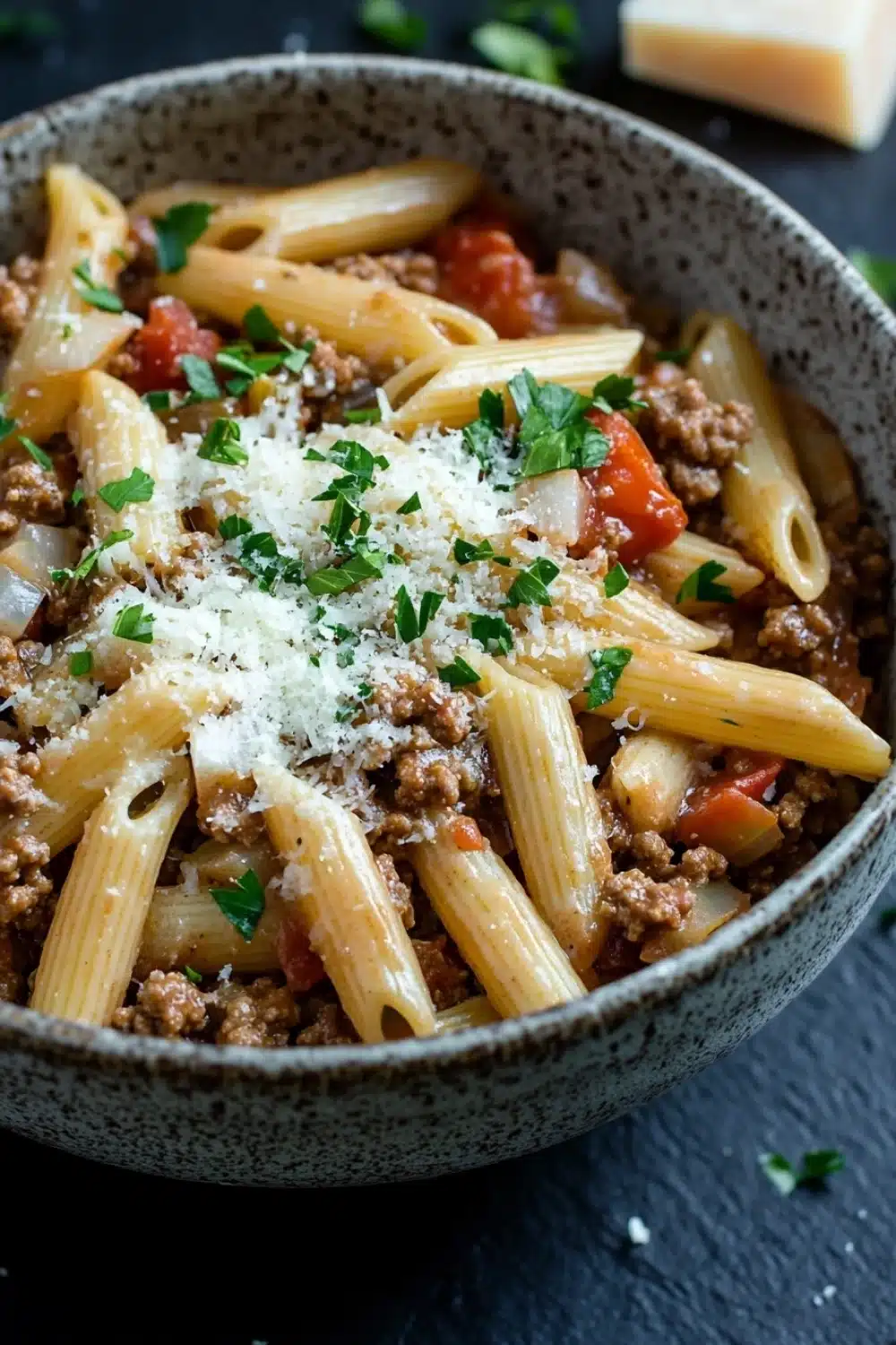 One pot pasta and ground beef - the image is a close-up of a bowl of pasta dish. the pasta appears to be penne, which is a type of penne pasta, and it is cooked in a tomato-based sauce. the dish is garnished with chopped parsley and grated parmesan cheese. the bowl is made of ceramic and is sitting on a dark grey surface. there is a small piece of cheese on the side of the bowl. the background is blurred, but it seems to be a kitchen countertop.