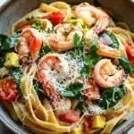 One pot pasta crevette - the image is a close-up of a bowl of pasta dish. the pasta appears to be fettuccine alfredo, with chunks of shrimp and vegetables mixed in. the dish is garnished with fresh basil leaves and grated parmesan cheese. there are also diced tomatoes and corn scattered throughout the dish, adding a pop of color and texture. the bowl is sitting on a white tablecloth, and there are a few sprigs of parsley scattered around the bowl.