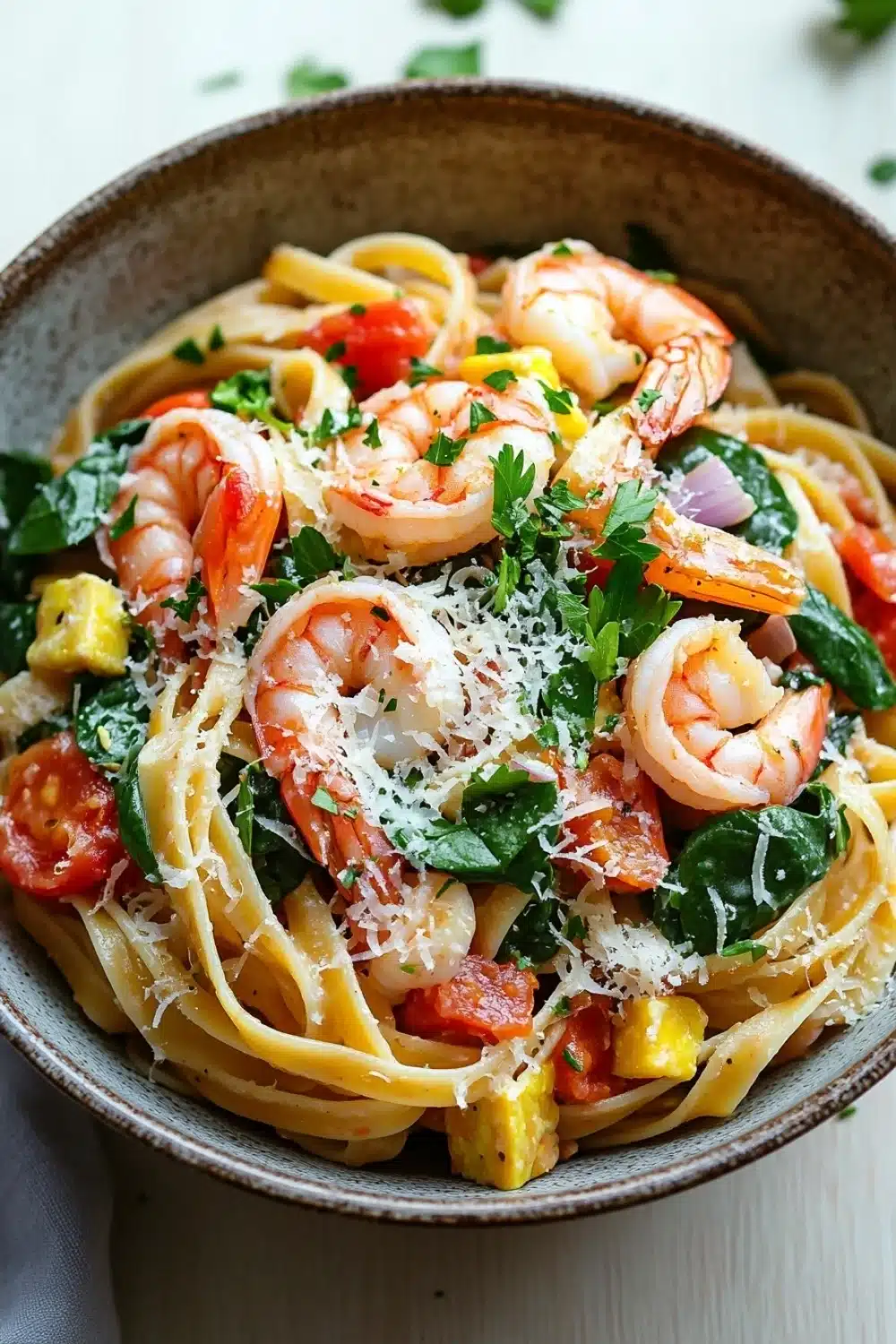 One pot pasta crevette - the image is a close-up of a bowl of pasta dish. the pasta appears to be fettuccine alfredo, with chunks of shrimp and vegetables mixed in. the dish is garnished with fresh basil leaves and grated parmesan cheese. there are also diced tomatoes and corn scattered throughout the dish, adding a pop of color and texture. the bowl is sitting on a white tablecloth, and there are a few sprigs of parsley scattered around the bowl.