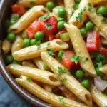 One pot pasta mit erbsen und paprika - the image is a close-up of a bowl of pasta dish. the pasta appears to be penne, which is a type of penne pasta, and is mixed with various vegetables such as peas, red bell peppers, and onions. the dish is garnished with chopped parsley. the bowl is made of dark brown ceramic and is sitting on a gray countertop. the background is blurred, making the pasta and vegetables the focal point of the image.