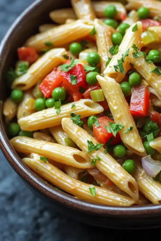 One pot pasta mit erbsen und paprika - the image is a close-up of a bowl of pasta dish. the pasta appears to be penne, which is a type of penne pasta, and is mixed with various vegetables such as peas, red bell peppers, and onions. the dish is garnished with chopped parsley. the bowl is made of dark brown ceramic and is sitting on a gray countertop. the background is blurred, making the pasta and vegetables the focal point of the image.