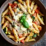 One pot pasta recettes four - the image is a close-up of a bowl of pasta dish. the pasta appears to be penne, which is a type of penne pasta, and is cooked in a tomato-based sauce. the dish is garnished with fresh basil leaves and grated parmesan cheese. there are also chunks of zucchini and cherry tomatoes scattered throughout the dish, adding a pop of color and texture. the bowl is made of dark wood and is placed on a dark wooden table. the overall color palette of the dish is warm and inviting, with shades of red, green, and yellow.