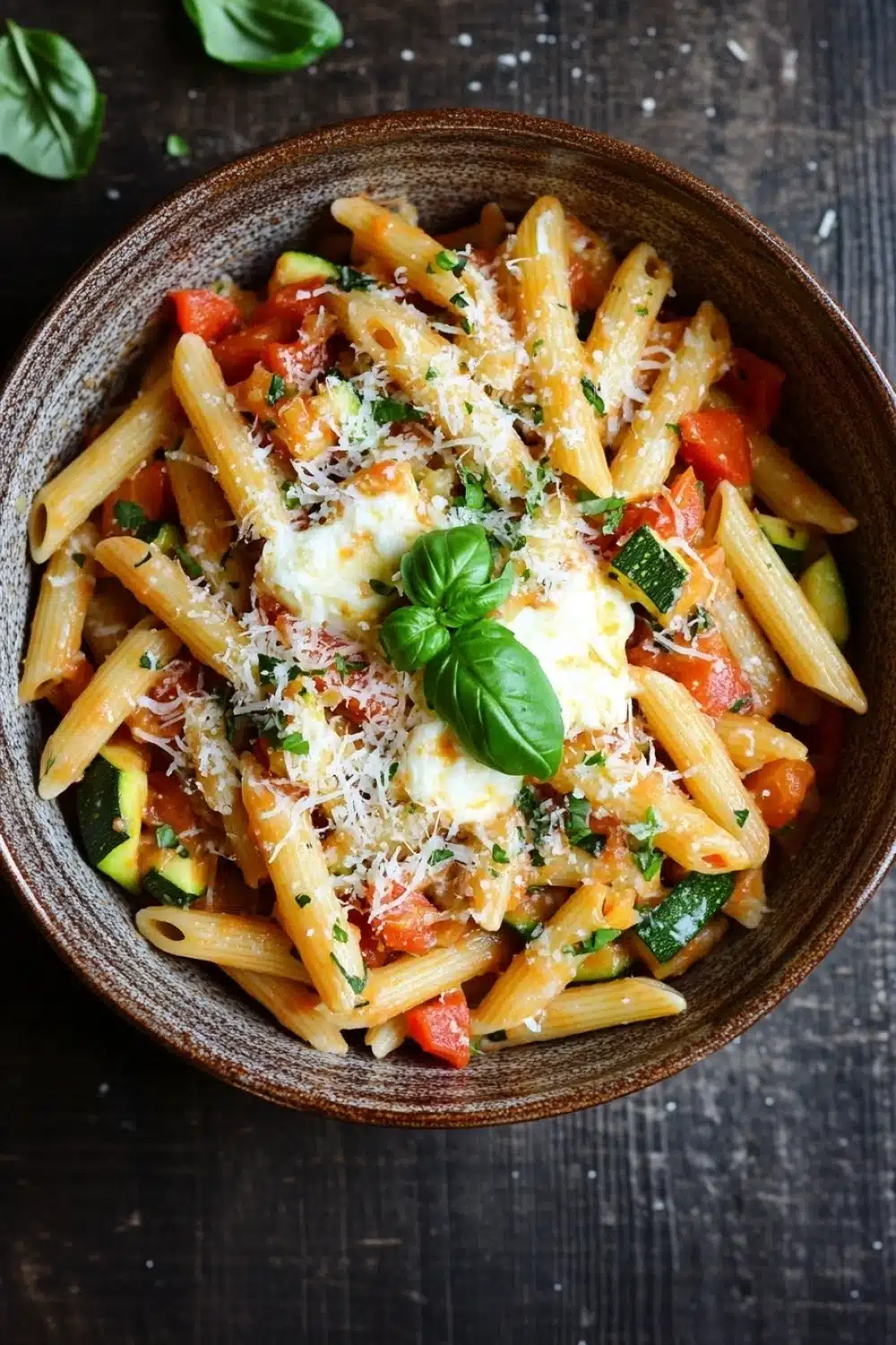 One pot pasta recettes four - the image is a close-up of a bowl of pasta dish. the pasta appears to be penne, which is a type of penne pasta, and is cooked in a tomato-based sauce. the dish is garnished with fresh basil leaves and grated parmesan cheese. there are also chunks of zucchini and cherry tomatoes scattered throughout the dish, adding a pop of color and texture. the bowl is made of dark wood and is placed on a dark wooden table. the overall color palette of the dish is warm and inviting, with shades of red, green, and yellow.