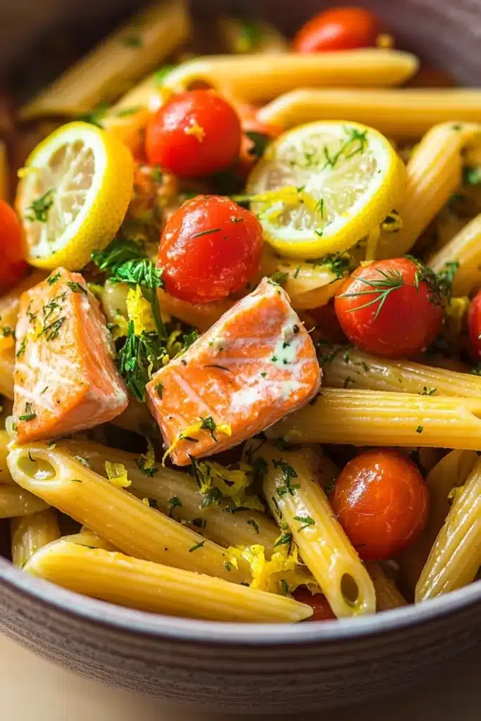 One pot pasta saumon - the image is a close-up of a bowl of pasta dish. the pasta appears to be penne or penne, and it is cooked al dente. on top of the pasta, there are two pieces of salmon, which are cooked to a golden brown color. the salmon is garnished with fresh herbs and lemon wedges. there are also small cherry tomatoes scattered throughout the dish, adding a pop of color and texture. the dish is served in a gray bowl with a white rim. the background is blurred, making the pasta and salmon the focal point of the image.