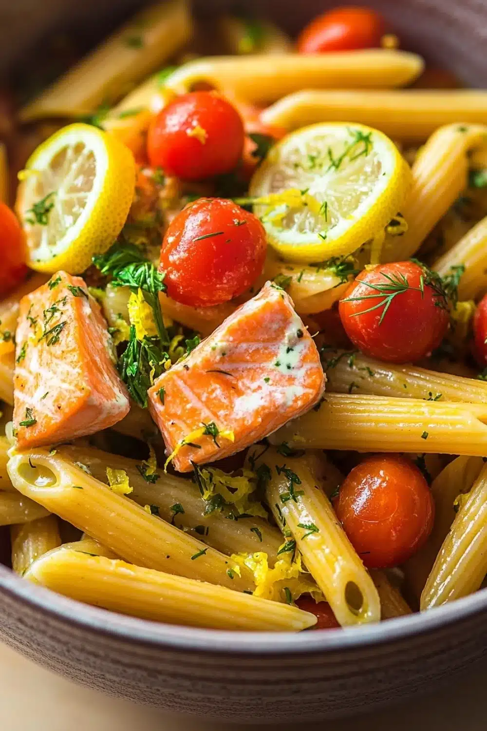 One pot pasta saumon - the image is a close-up of a bowl of pasta dish. the pasta appears to be penne or penne, and it is cooked al dente. on top of the pasta, there are two pieces of salmon, which are cooked to a golden brown color. the salmon is garnished with fresh herbs and lemon wedges. there are also small cherry tomatoes scattered throughout the dish, adding a pop of color and texture. the dish is served in a gray bowl with a white rim. the background is blurred, making the pasta and salmon the focal point of the image.