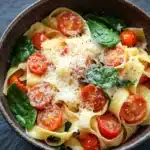 One pot pasta tagliatelle - the image is a close-up of a bowl of pasta dish. the bowl is made of dark brown ceramic and is placed on a dark grey countertop. the pasta appears to be fettuccine alfredo, which is a type of italian pasta, and is topped with sliced cherry tomatoes, spinach leaves, and grated parmesan cheese. the tomatoes are bright red and appear to be ripe and juicy. the spinach leaves are a vibrant green color and are scattered throughout the dish, adding a pop of color to the dish.