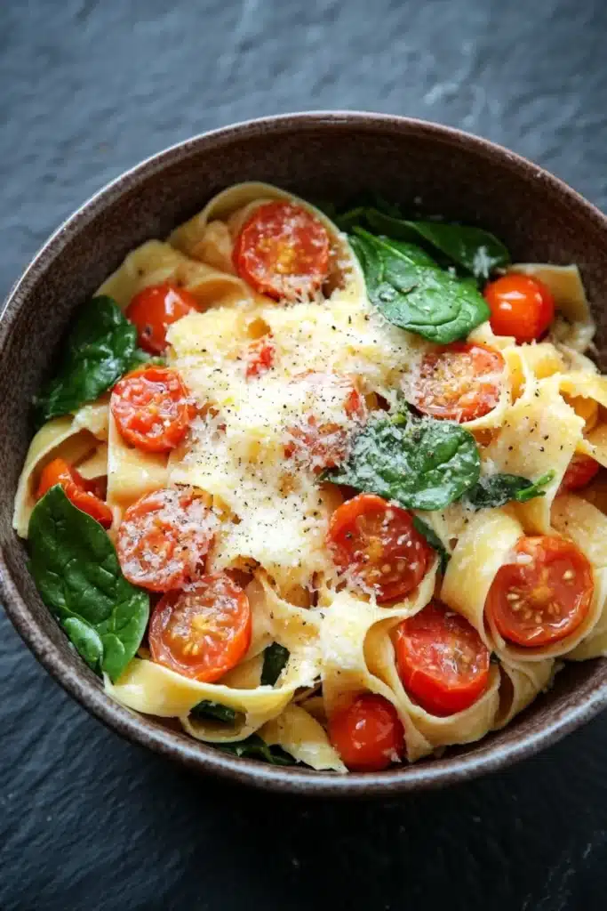 One pot pasta tagliatelle - the image is a close-up of a bowl of pasta dish. the bowl is made of dark brown ceramic and is placed on a dark grey countertop. the pasta appears to be fettuccine alfredo, which is a type of italian pasta, and is topped with sliced cherry tomatoes, spinach leaves, and grated parmesan cheese. the tomatoes are bright red and appear to be ripe and juicy. the spinach leaves are a vibrant green color and are scattered throughout the dish, adding a pop of color to the dish.