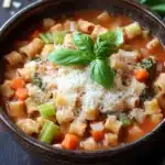 One pot pasta tomatensoe - the image is a close-up of a bowl of soup. the soup appears to be a tomato-based pasta dish with chunks of carrots, celery, and other vegetables mixed in. the bowl is made of dark brown ceramic and is sitting on a dark wooden table. there is a sprig of fresh basil on top of the soup, adding a pop of green color to the dish. a spoon is resting on the side of the bowl. the background is blurred, but it seems to be an indoor setting with a few more basil leaves scattered around.