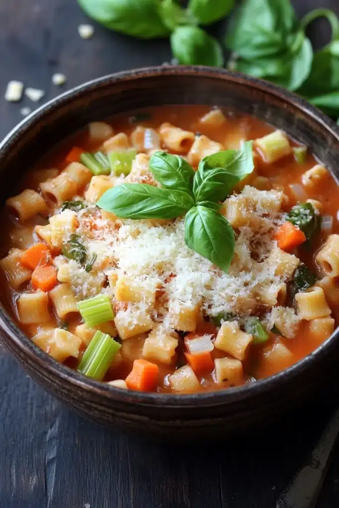 One pot pasta tomatensoe - the image is a close-up of a bowl of soup. the soup appears to be a tomato-based pasta dish with chunks of carrots, celery, and other vegetables mixed in. the bowl is made of dark brown ceramic and is sitting on a dark wooden table. there is a sprig of fresh basil on top of the soup, adding a pop of green color to the dish. a spoon is resting on the side of the bowl. the background is blurred, but it seems to be an indoor setting with a few more basil leaves scattered around.