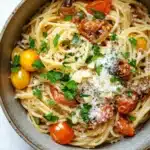 One pot pasta zwiebel - the image is a close-up of a bowl of spaghetti dish. the spaghetti is cooked al dente and is topped with chunks of tomato sauce, sliced onions, and grated parmesan cheese. the dish is garnished with fresh parsley and cherry tomatoes. the bowl is made of ceramic and is sitting on a white marble countertop. the overall color scheme of the dish is warm and inviting.