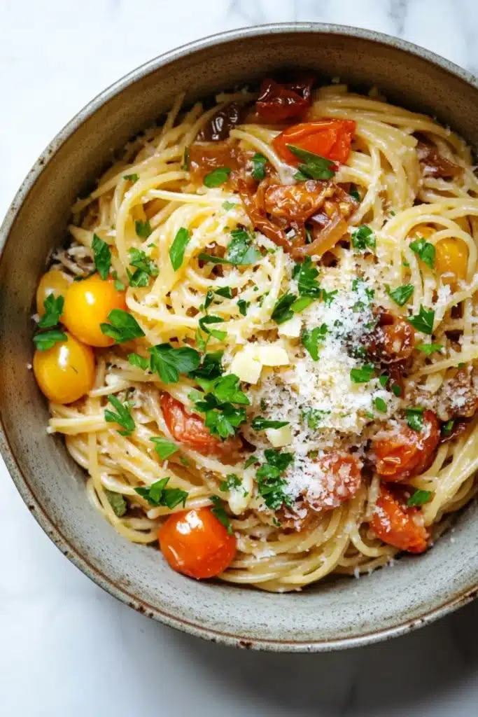 One pot pasta zwiebel - the image is a close-up of a bowl of spaghetti dish. the spaghetti is cooked al dente and is topped with chunks of tomato sauce, sliced onions, and grated parmesan cheese. the dish is garnished with fresh parsley and cherry tomatoes. the bowl is made of ceramic and is sitting on a white marble countertop. the overall color scheme of the dish is warm and inviting.