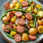 One pot sausage green beans potatoes - the image is a close-up of a plate of food. the plate is round and has a light blue and green color scheme. on top of the plate, there are several small potatoes, green beans, and sausage. the potatoes are golden brown and appear to be seasoned with herbs and spices. the green beans are long and slender, and they are arranged in a pile on top of each other. the sausage is cut into small cubes and is placed in the center of the dish. the dish is garnished with chopped onions and herbs. the background is a dark grey textured surface.