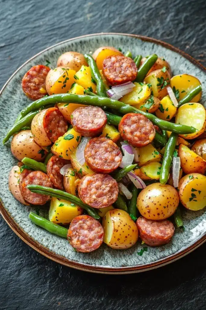 One pot sausage green beans potatoes - the image is a close-up of a plate of food. the plate is round and has a light blue and green color scheme. on top of the plate, there are several small potatoes, green beans, and sausage. the potatoes are golden brown and appear to be seasoned with herbs and spices. the green beans are long and slender, and they are arranged in a pile on top of each other. the sausage is cut into small cubes and is placed in the center of the dish. the dish is garnished with chopped onions and herbs. the background is a dark grey textured surface.