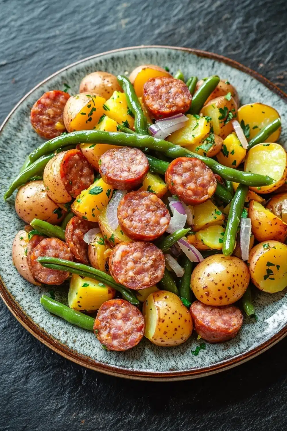 One pot sausage green beans potatoes - the image is a close-up of a plate of food. the plate is round and has a light blue and green color scheme. on top of the plate, there are several small potatoes, green beans, and sausage. the potatoes are golden brown and appear to be seasoned with herbs and spices. the green beans are long and slender, and they are arranged in a pile on top of each other. the sausage is cut into small cubes and is placed in the center of the dish. the dish is garnished with chopped onions and herbs. the background is a dark grey textured surface.
