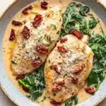 One skillet creamy sun dried tomato - the image shows a plate of food with two pieces of chicken breasts covered in a creamy sauce. the chicken breasts are golden brown and appear to be seasoned with herbs and spices. the sauce is a light yellow color and is drizzled over the top of the chicken breasts. there are also some red sun-dried tomatoes scattered on top, adding a pop of color to the dish. the dish is garnished with fresh spinach leaves. the plate is sitting on a white wooden table.