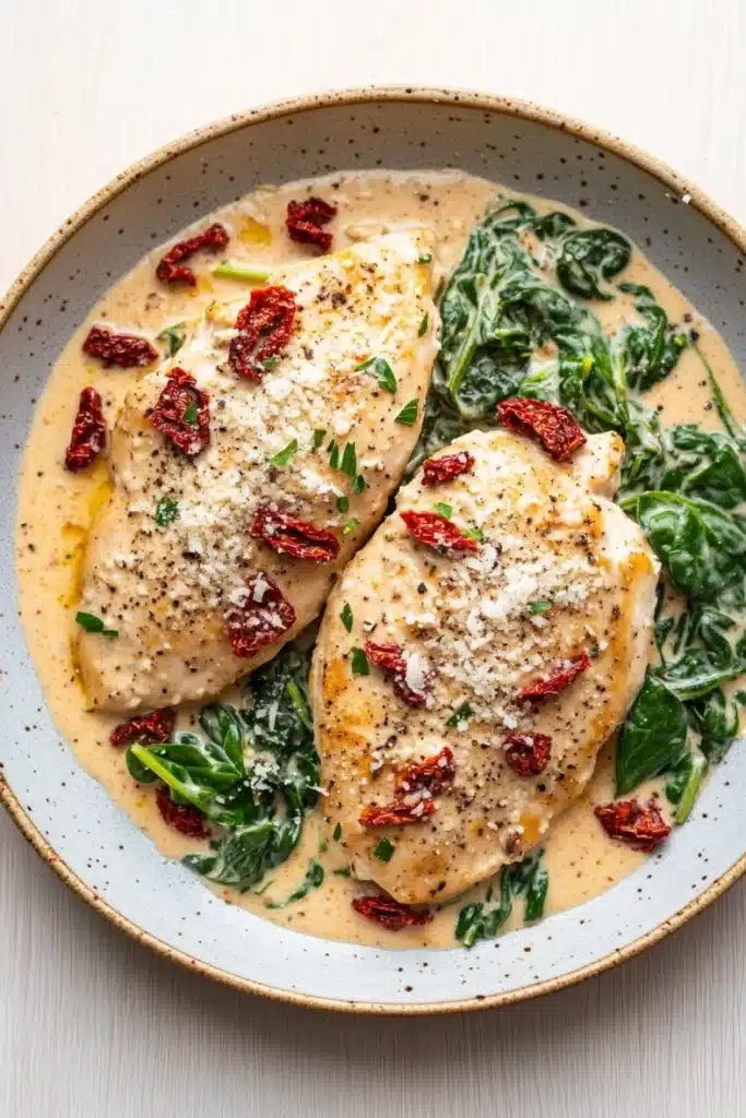 One skillet creamy sun dried tomato - the image shows a plate of food with two pieces of chicken breasts covered in a creamy sauce. the chicken breasts are golden brown and appear to be seasoned with herbs and spices. the sauce is a light yellow color and is drizzled over the top of the chicken breasts. there are also some red sun-dried tomatoes scattered on top, adding a pop of color to the dish. the dish is garnished with fresh spinach leaves. the plate is sitting on a white wooden table.