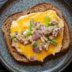 Openfaced tuna melt sandwich - the image shows a plate with a sandwich on it. the sandwich is made with two slices of toasted bread and is topped with a layer of melted cheese. the cheese is a bright yellow color and appears to be melted and oozing out of the sides. on top of the cheese, there are chunks of chicken, diced onions, and green onions. the plate is black with a speckled pattern and is sitting on a dark grey countertop.