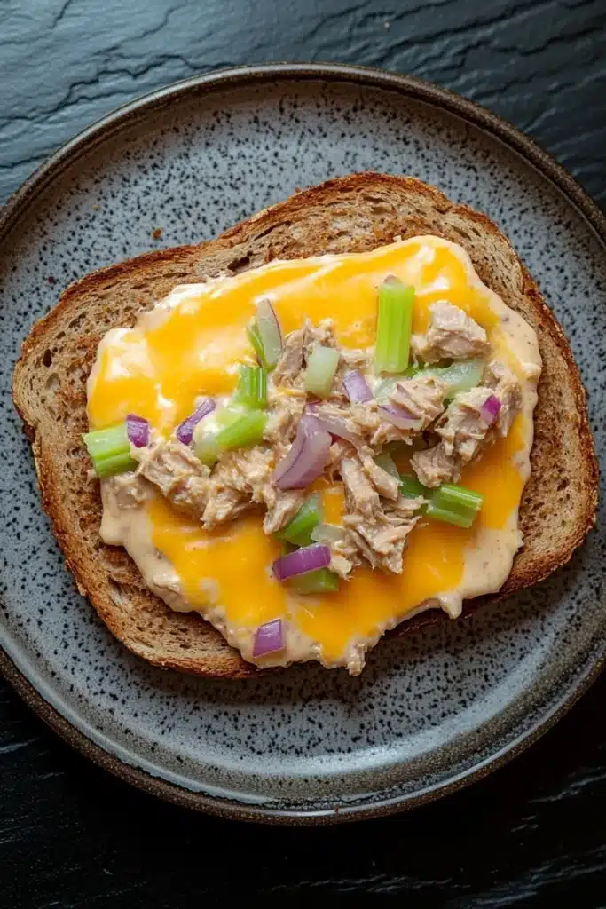 Openfaced tuna melt sandwich - the image shows a plate with a sandwich on it. the sandwich is made with two slices of toasted bread and is topped with a layer of melted cheese. the cheese is a bright yellow color and appears to be melted and oozing out of the sides. on top of the cheese, there are chunks of chicken, diced onions, and green onions. the plate is black with a speckled pattern and is sitting on a dark grey countertop.