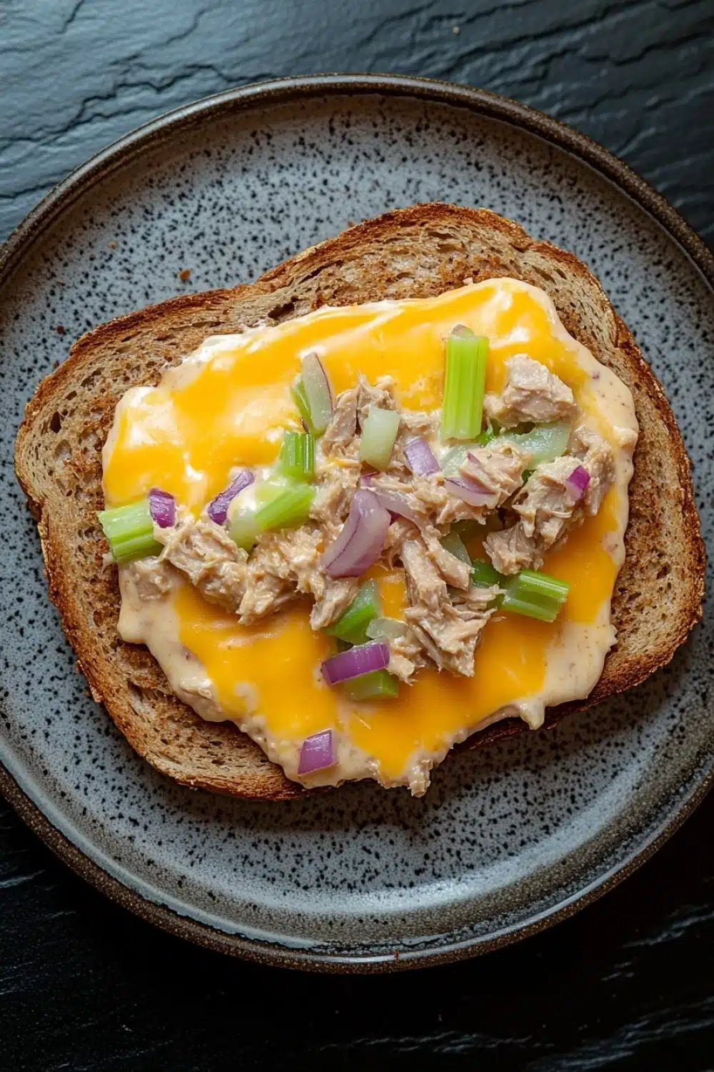 Openfaced tuna melt sandwich - the image shows a plate with a sandwich on it. the sandwich is made with two slices of toasted bread and is topped with a layer of melted cheese. the cheese is a bright yellow color and appears to be melted and oozing out of the sides. on top of the cheese, there are chunks of chicken, diced onions, and green onions. the plate is black with a speckled pattern and is sitting on a dark grey countertop.