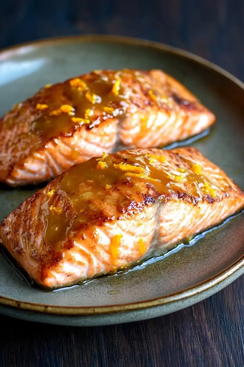 Orange glazed salmon air fryer - the image shows two pieces of salmon on a green plate. the salmon is cooked to a golden brown color and appears to be seasoned with herbs and spices. the plate is sitting on a wooden table with a dark background. the food is arranged neatly on the plate, with the salmon on the left side and the one on the right side. the sauce on the salmon is a golden yellow color and is drizzled over the top of the salmon. the overall appearance of the dish is elegant and appetizing.