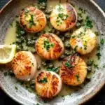 Panseared scallops with lemon caper sauce - the image shows a plate of cooked scallops on a dark grey textured plate. the scalls are arranged in a circular pattern and are covered in a creamy sauce. the sauce appears to be a light yellow color and is drizzled over the scalls. there are also small pieces of lemon wedges scattered around the plate, adding a pop of color to the dish. the plate is garnished with a sprig of fresh parsley. the overall presentation of the dish is elegant and appetizing.