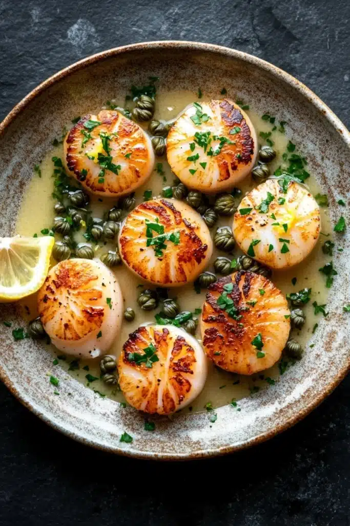 Panseared scallops with lemon caper sauce - the image shows a plate of cooked scallops on a dark grey textured plate. the scalls are arranged in a circular pattern and are covered in a creamy sauce. the sauce appears to be a light yellow color and is drizzled over the scalls. there are also small pieces of lemon wedges scattered around the plate, adding a pop of color to the dish. the plate is garnished with a sprig of fresh parsley. the overall presentation of the dish is elegant and appetizing.