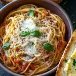 Pasta dinner garlic bread - the image shows a bowl of spaghetti with tomato sauce and parmesan cheese on top. the spaghetti is cooked al dente and is covered in a rich tomato sauce. the dish is garnished with fresh basil leaves and a dollop of melted cheese. on the right side of the image, there is a slice of toasted bread with a creamy sauce on top, and on the left side, there are two pieces of bread with melted cheese and herbs scattered around. the bowl is sitting on a dark grey surface.