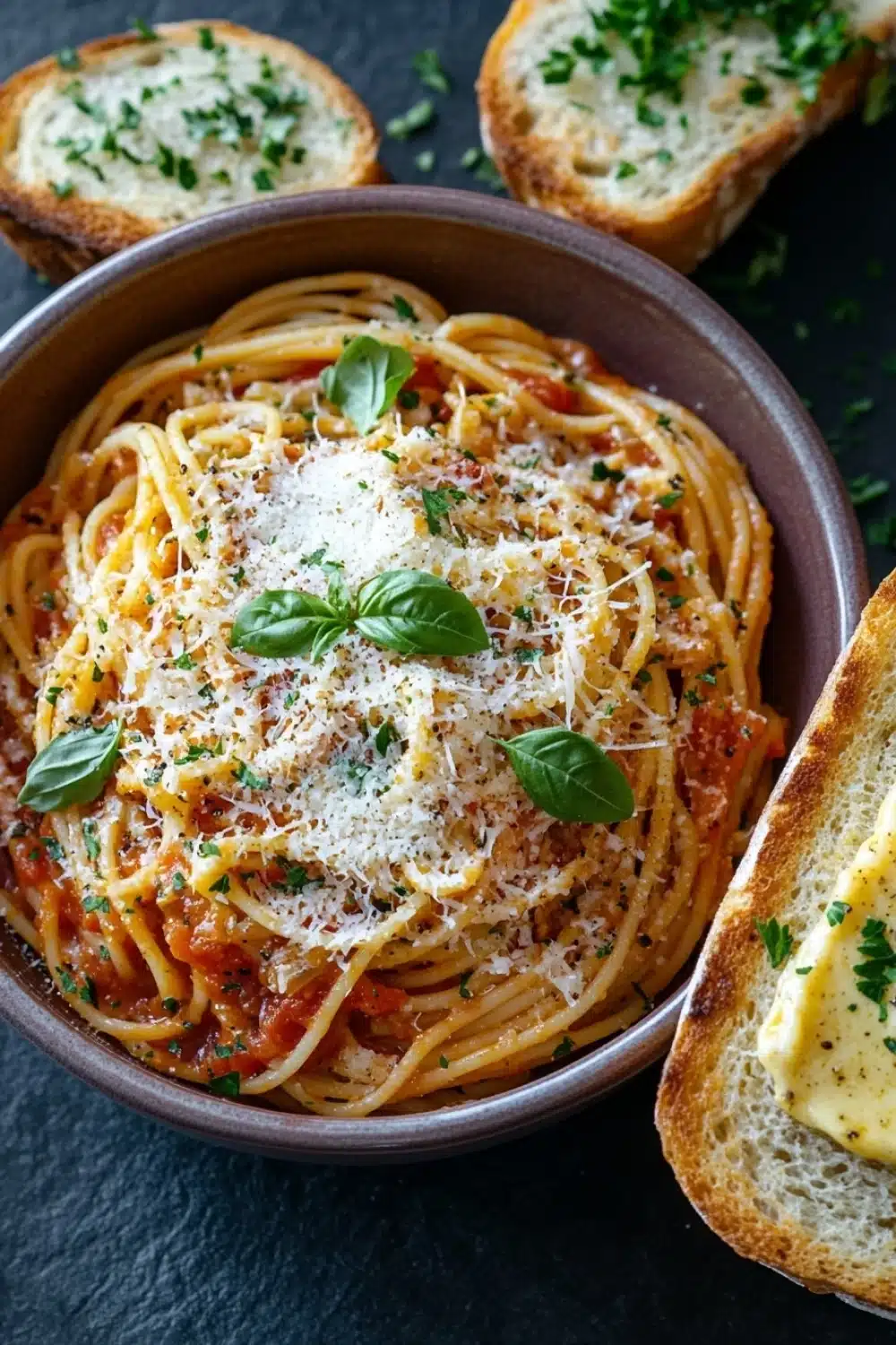 Pasta dinner garlic bread - the image shows a bowl of spaghetti with tomato sauce and parmesan cheese on top. the spaghetti is cooked al dente and is covered in a rich tomato sauce. the dish is garnished with fresh basil leaves and a dollop of melted cheese. on the right side of the image, there is a slice of toasted bread with a creamy sauce on top, and on the left side, there are two pieces of bread with melted cheese and herbs scattered around. the bowl is sitting on a dark grey surface.