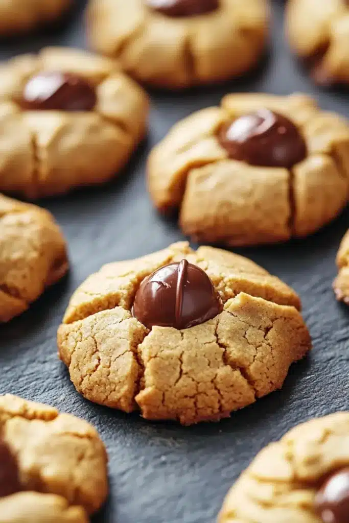 Peanut butter cookie blossoms - the image shows a group of freshly baked cookies on a black surface. the cookies are golden brown in color and have a crumbly texture. they are arranged in a scattered manner, with some overlapping each other. in the center of the image, there is a single chocolate chip cookie with a bite taken out of it. the chocolate chip is dark brown and appears to be coated in a thick layer of chocolate. the background is blurred, but it seems to be a kitchen countertop.
