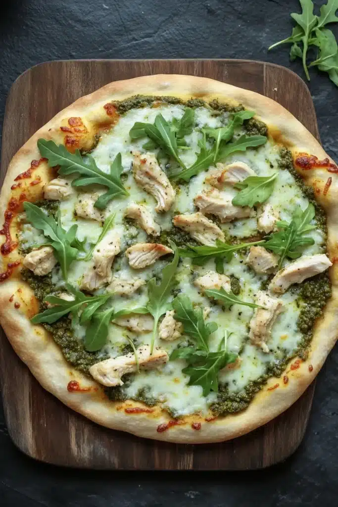 Pesto chicken arugula pizza - the image is of a round pizza on a wooden cutting board. the pizza has a golden brown crust and is topped with a generous amount of melted cheese. on top of the cheese, there are several pieces of grilled chicken arranged in a circular pattern. the chicken appears to be seasoned with herbs and spices, and there are a few sprigs of fresh arugula scattered around the pizza. the background is a dark grey countertop.