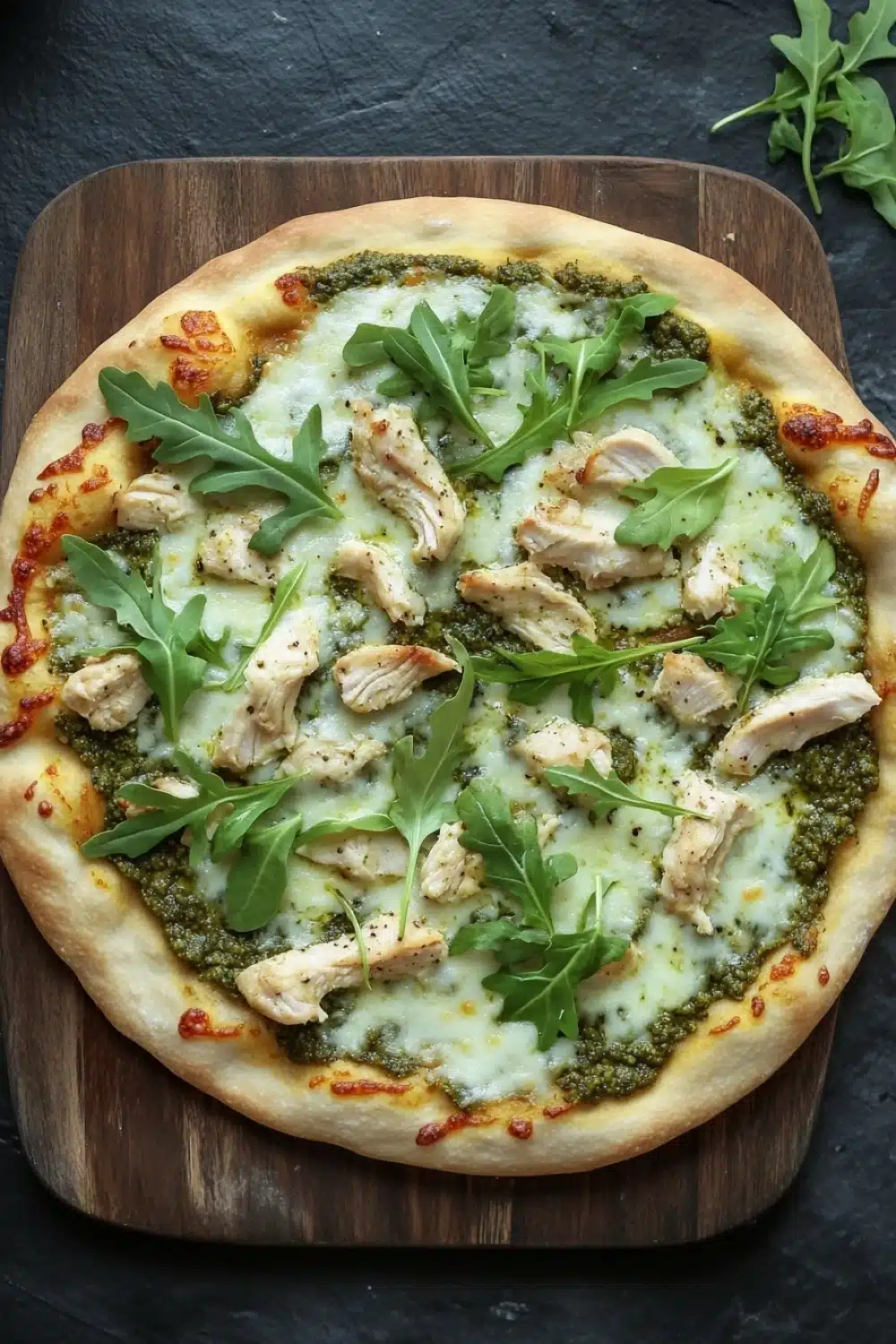 Pesto chicken arugula pizza - the image is of a round pizza on a wooden cutting board. the pizza has a golden brown crust and is topped with a generous amount of melted cheese. on top of the cheese, there are several pieces of grilled chicken arranged in a circular pattern. the chicken appears to be seasoned with herbs and spices, and there are a few sprigs of fresh arugula scattered around the pizza. the background is a dark grey countertop.