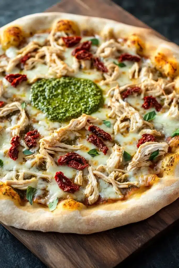 Pesto chicken pizza - the image is of a freshly baked pizza on a wooden cutting board. the pizza has a golden brown crust and is topped with a generous amount of melted cheese. on top of the cheese, there are chunks of chicken, red sun-dried tomatoes, and a green pesto sauce. the chicken appears to be seasoned with herbs and spices, and there are also small pieces of broccoli scattered throughout the pizza. the background is dark, making the pizza stand out.