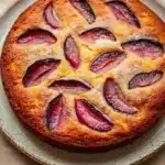 Plum cake allo yogurt giallo zafferano - the image is of a round cake on a white plate. the cake appears to be freshly baked and has a golden brown crust on top. it is decorated with sliced plums arranged in a circular pattern on the sides of the cake. the plums are a deep red color and appear to be ripe and juicy. the plate is sitting on a wooden table with a light-colored surface.