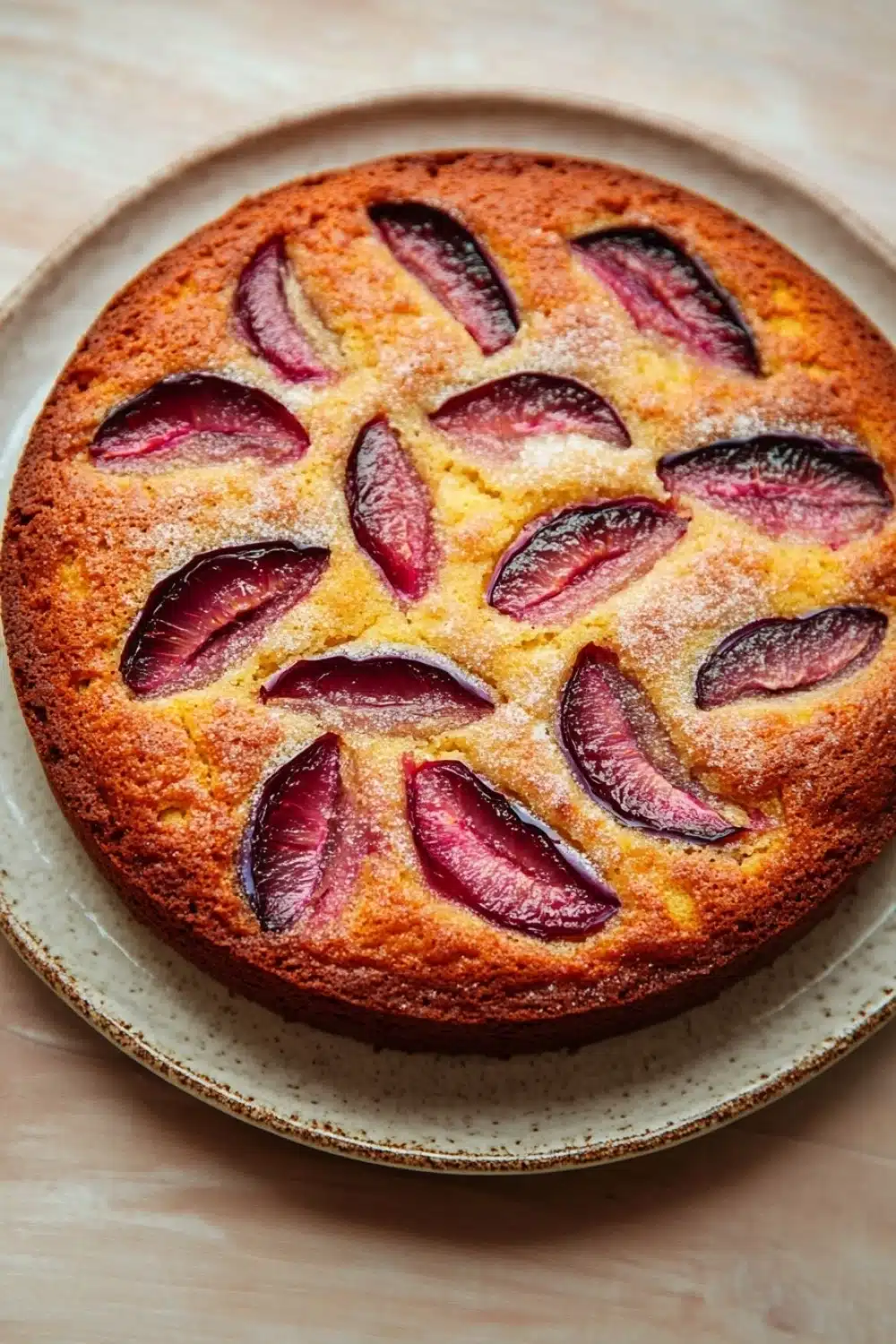 Plum cake allo yogurt giallo zafferano - the image is of a round cake on a white plate. the cake appears to be freshly baked and has a golden brown crust on top. it is decorated with sliced plums arranged in a circular pattern on the sides of the cake. the plums are a deep red color and appear to be ripe and juicy. the plate is sitting on a wooden table with a light-colored surface.