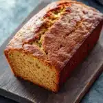 Pumpkin apple zucchini bread - the image shows a freshly baked loaf of bread on a wooden cutting board. the bread appears to be golden brown in color and has a slightly crumbly texture. it is topped with zucchini seeds, which are visible in the center of the loaf. the cutting board is placed on a dark grey countertop with a gray and white striped napkin in the background. the overall mood of the image is rustic and homey.