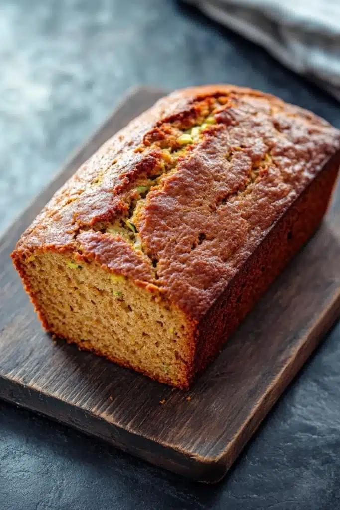 Pumpkin apple zucchini bread - the image shows a freshly baked loaf of bread on a wooden cutting board. the bread appears to be golden brown in color and has a slightly crumbly texture. it is topped with zucchini seeds, which are visible in the center of the loaf. the cutting board is placed on a dark grey countertop with a gray and white striped napkin in the background. the overall mood of the image is rustic and homey.
